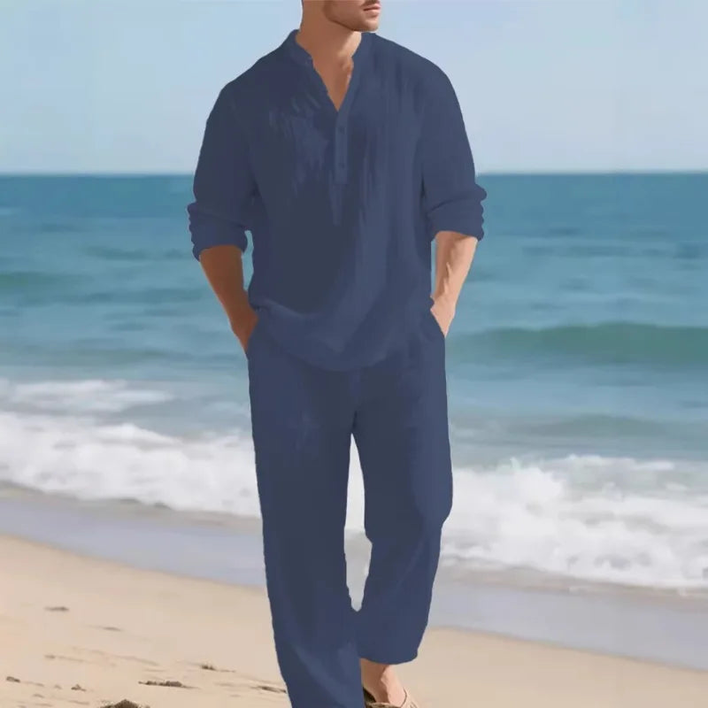 Men's Linen Solid Color Set Casual Long Sleeve Shirt Loose Pants Two Piece Outfit Beach Vacation Fashion