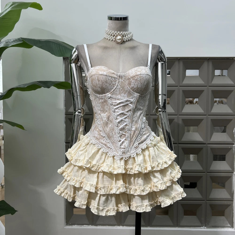 2025 New Summer Fashion Sexy Top Cake Skirt Women's Outfit Lace Bottom Birthday Party Club Dress Y2k Two Pieces Sets Black