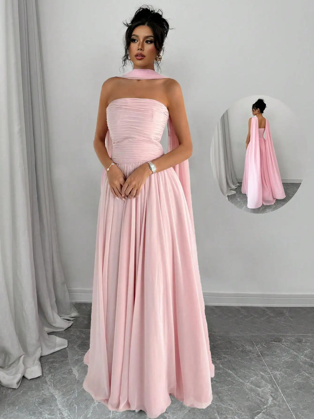 Elegant Solid Pink Sleeveless Maxi Dress With Backless Design And Draped Cape Overlay