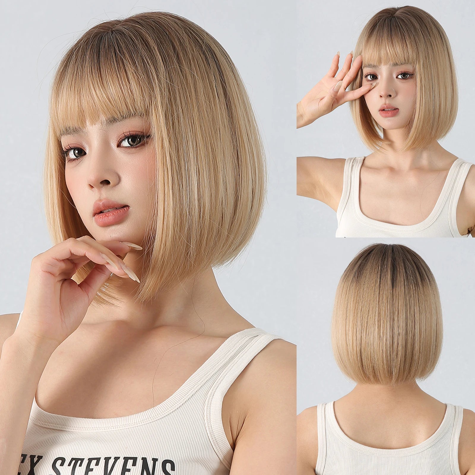 Ombre Blonde Pink Bob Wig with Fluffy Bangs Synthetic Short Straight Wigs for Black Women Heat Resistant Cosplay Daily Hair