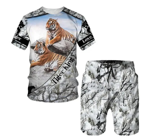 New Summer Men's Sets Shorts Outfits 3D Tiger Printed Short Sleeve T-shirt Two Pieces Casual Tracksuit Oversized Beach Sportwear