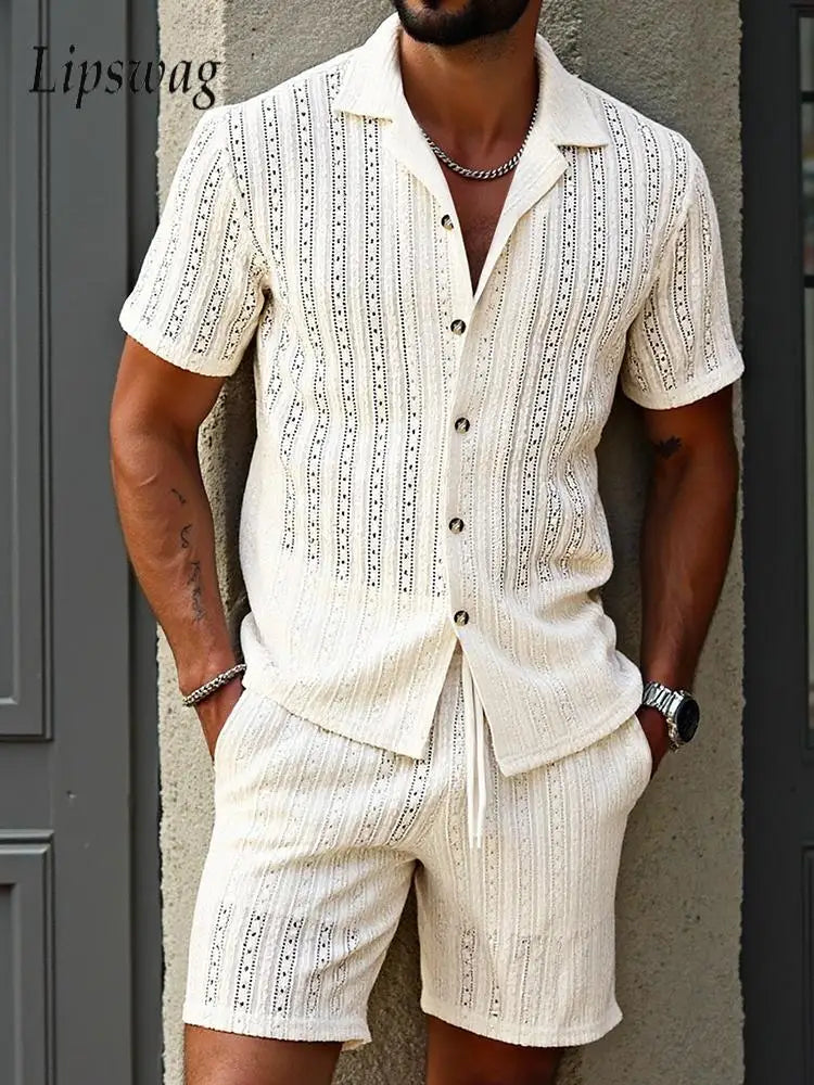 Seaside Beach Casual Hollow Out Outfits Men Summer Daily Leisure Button Short Sleeve Shirts And Shorts Sets Mens Two Piece Suits