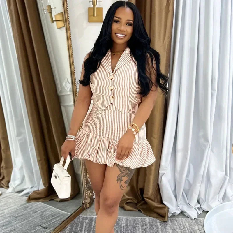 Doyerl Striped Print Two Piece Outfits Woman Summer Clothes Sleeveless Single-breasted Notched Vest Top and Puff Mini Skirt Sets