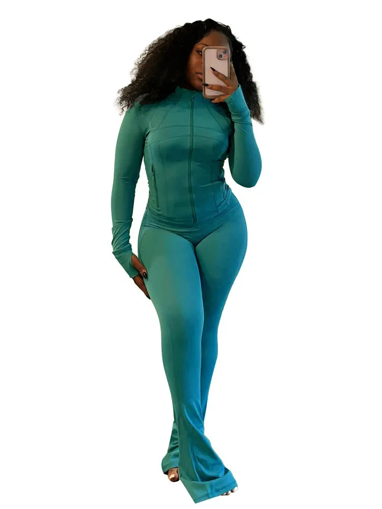 Elegant Sports Women Clothing Sales Long Sleeve Tops Flare Pants 2 Two Pieces Sets Tracksuit Streetwear Jogging Leggings Outfits