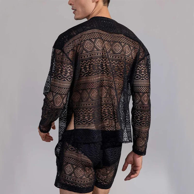 Nightwear Mens Sexy Pajamas Sets 2025 Summer Leisure Hollow Out Embroidery Mesh Two Piece Suits Fashion Tops And Shorts Outfits