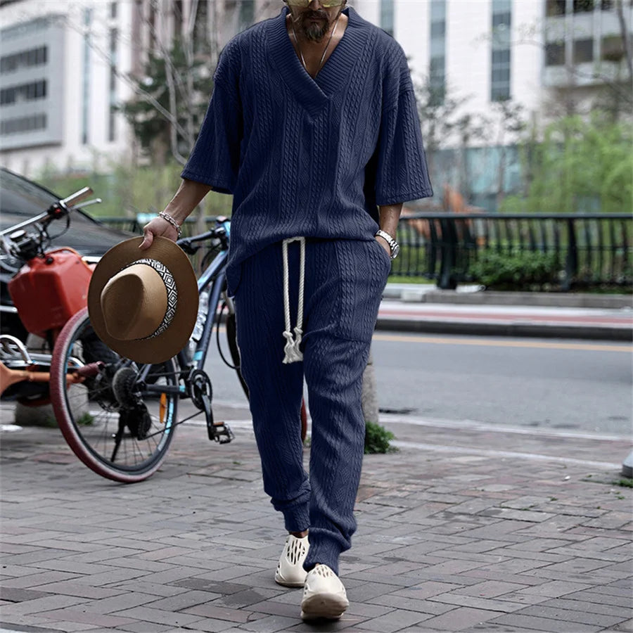 White Men's Casual Pants Sets Jacquard Two Piece Suits Male V-Neck Short Sleeve Tops and Long Pants Streetwear Fashion Outfits