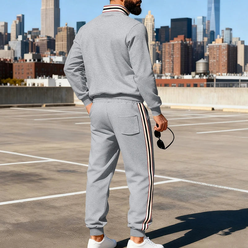 New Casual Mens Tracksuits Autumn Winter Fashion Striped Patchwork Two Piece Sets Men Stand Collar Sweatshirt And Pants Outfits