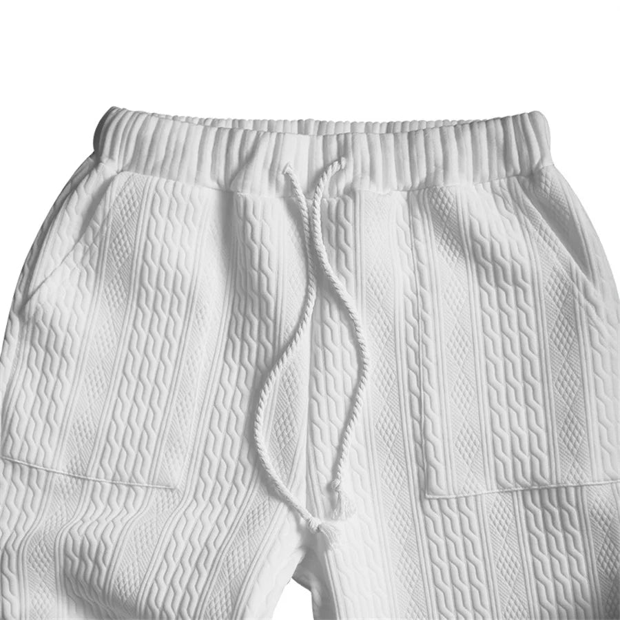 White Men's Casual Pants Sets Jacquard Two Piece Suits Male V-Neck Short Sleeve Tops and Long Pants Streetwear Fashion Outfits