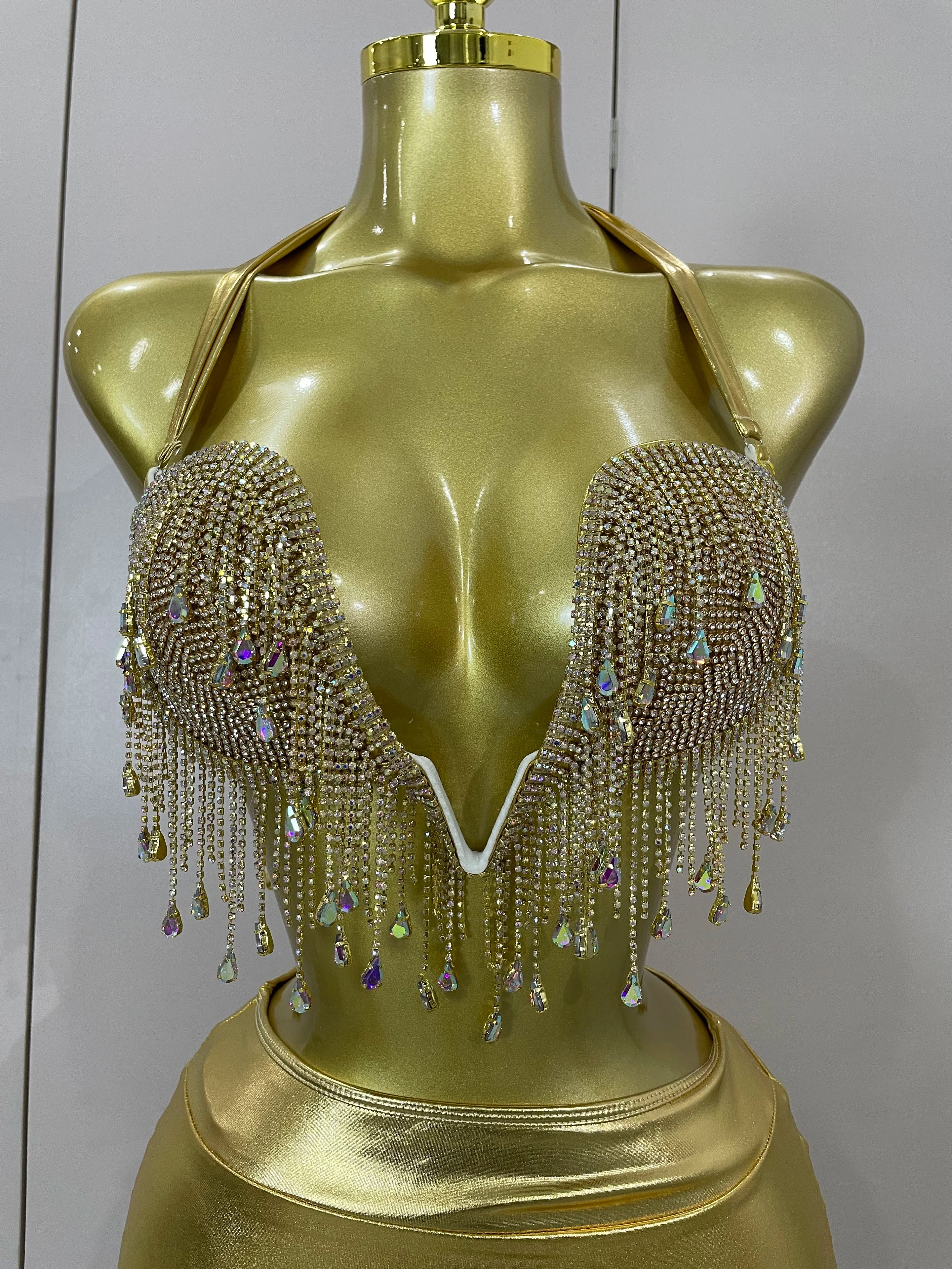 Luxury Shiny Diamond Chain Top Mini Dress Two Pieces Women Eveing Celebrate Party NightClub Festival Outfit Sexy Stage Costume