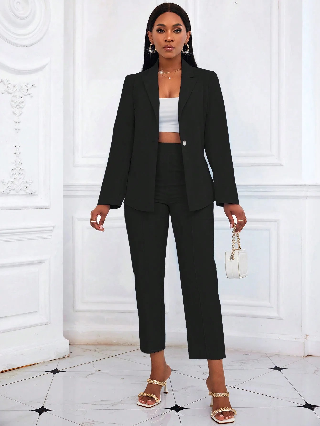 Women's Black Solid Color Two Piece Suit 2026 Long Sleeve Blazer & High Waist Cropped Pants Set Office Work Wear Outfit