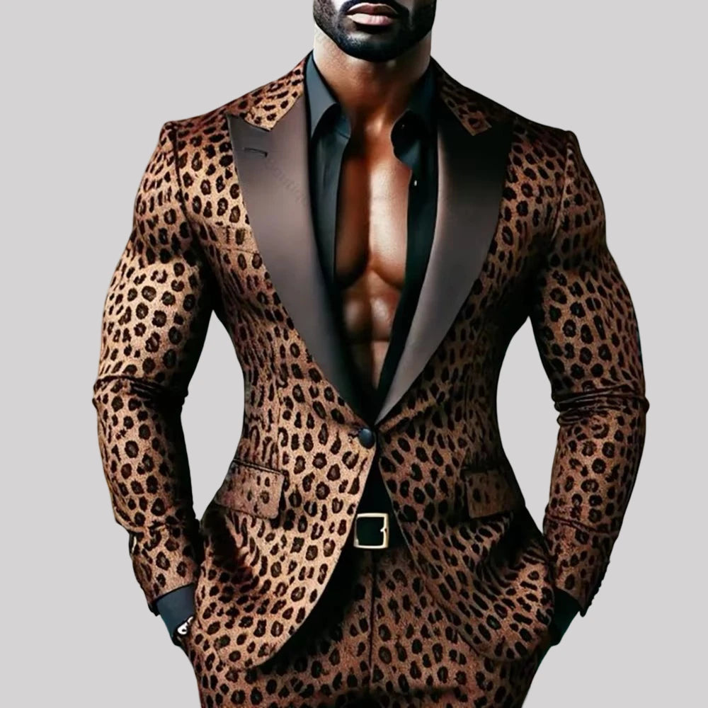 Leopard Floral Men Suits for Prom Party Two Pieces Casual Wedding Outfits Custom Made Groom Tuxedo Male Suit Set Jacket Pants