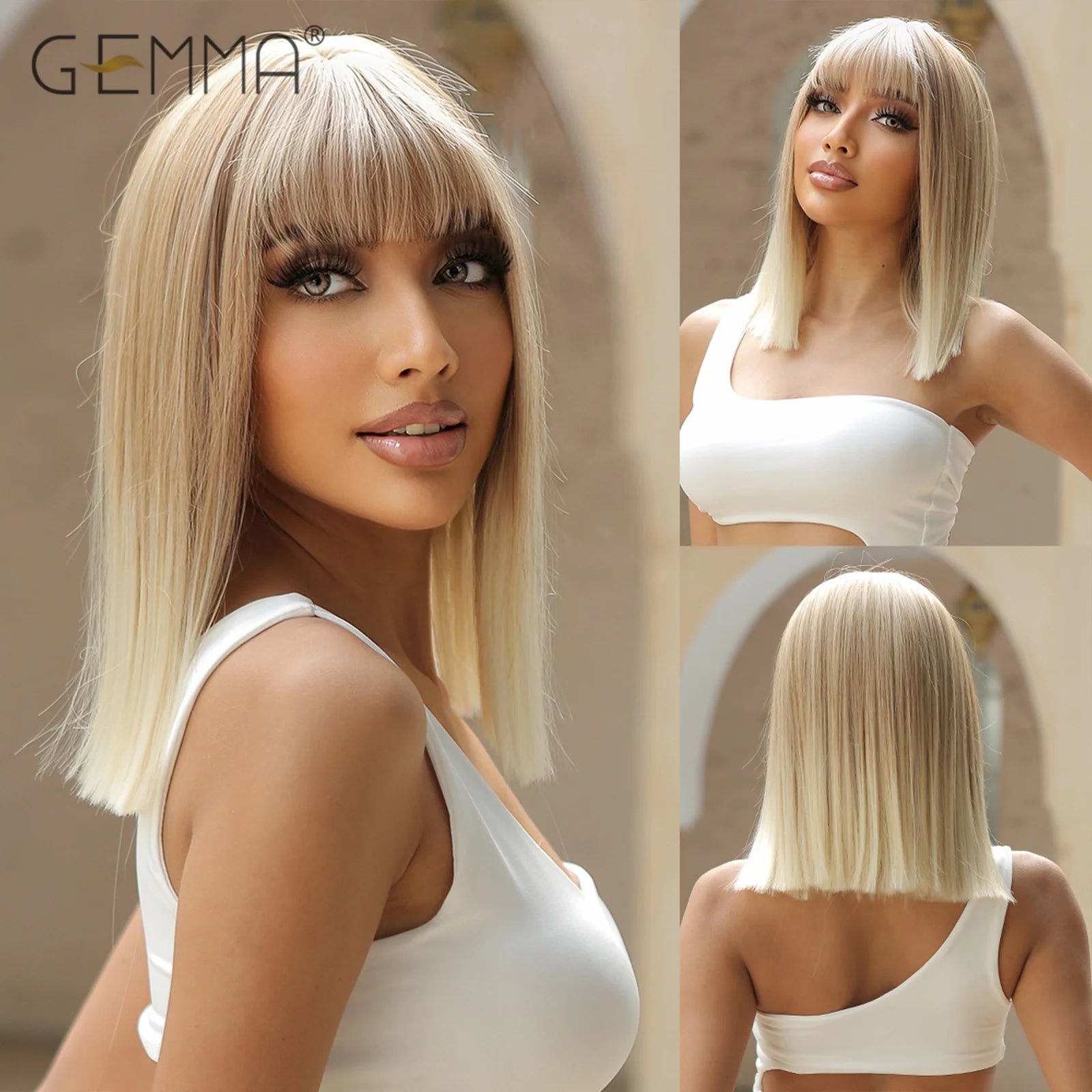 Ombre Blonde Pink Bob Wig with Fluffy Bangs Synthetic Short Straight Wigs for Black Women Heat Resistant Cosplay Daily Hair