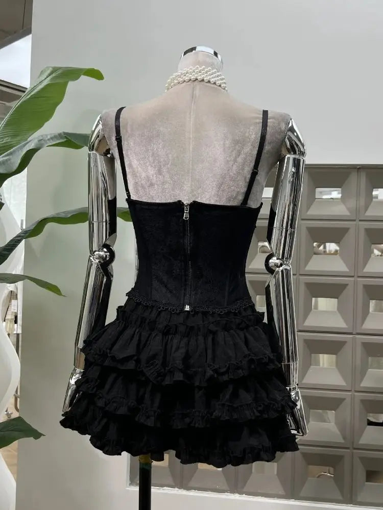 2025 New Summer Fashion Sexy Top Cake Skirt Women's Outfit Lace Bottom Birthday Party Club Dress Y2k Two Pieces Sets Black