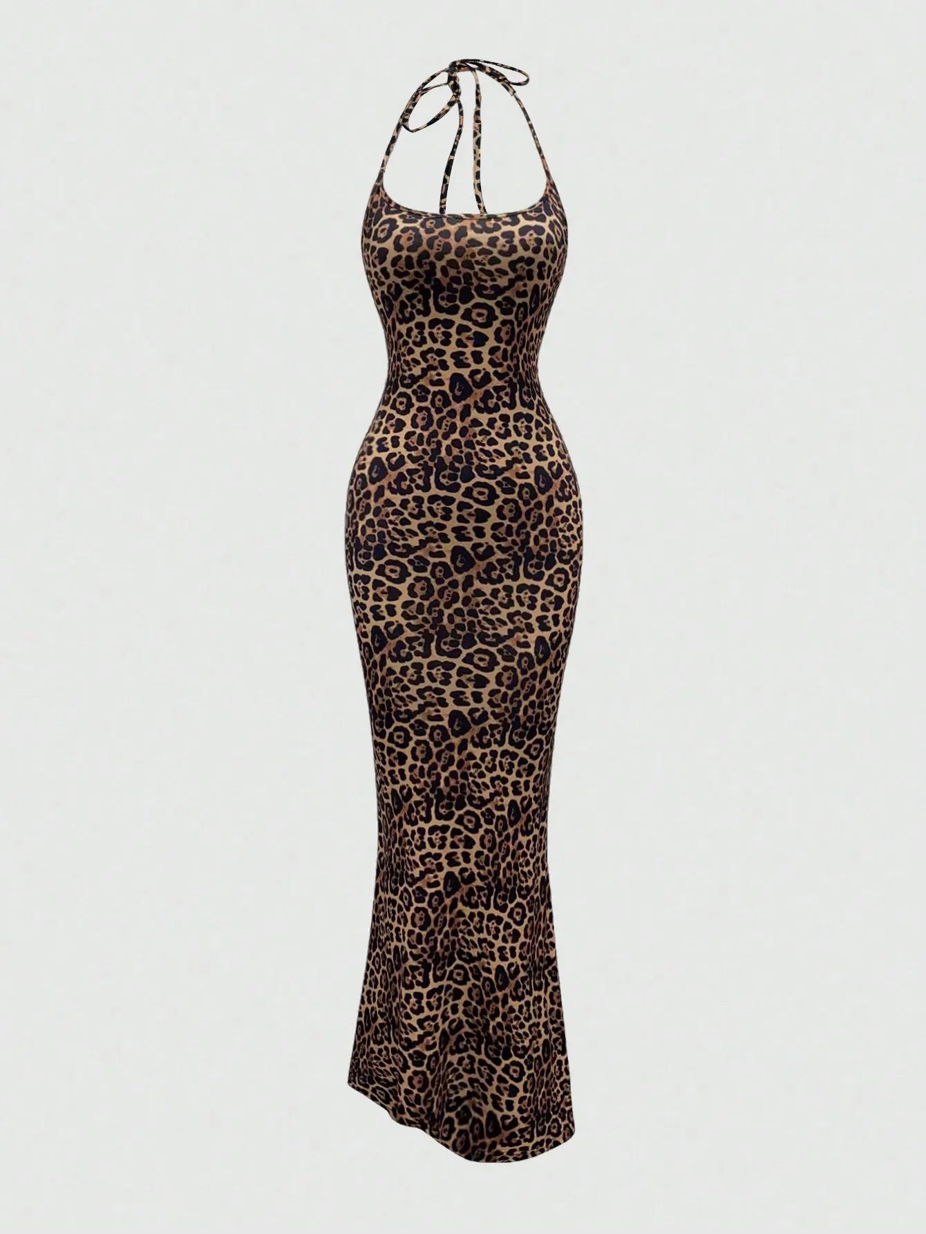 Sweetra Women's Leopard Print Mermaid Hem Fitted Elegant Halter Neck Dress Maxi Women Outfit
