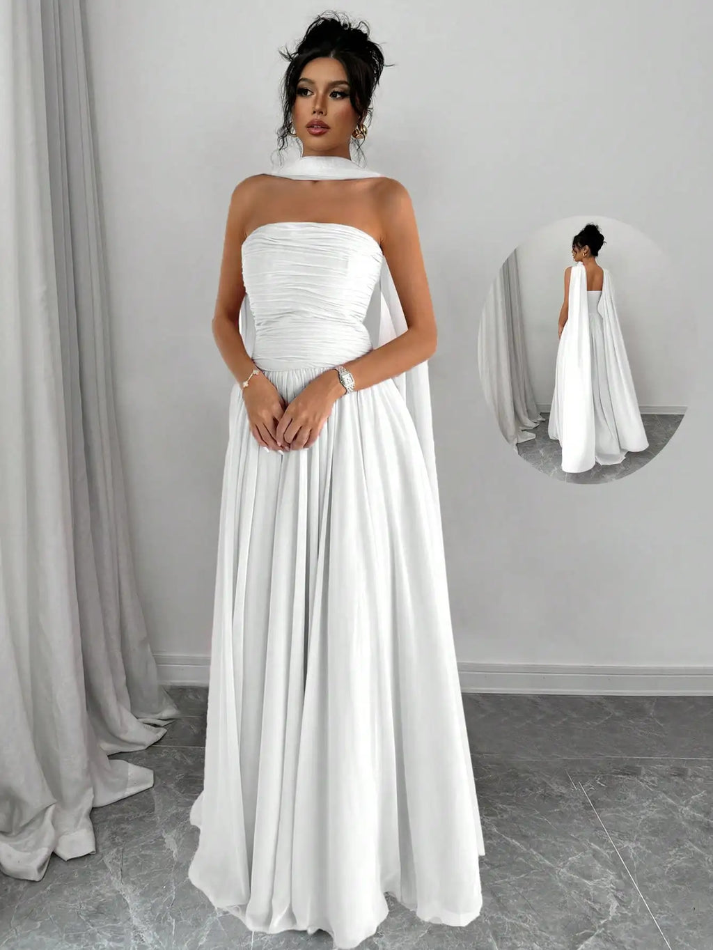 Elegant Solid Pink Sleeveless Maxi Dress With Backless Design And Draped Cape Overlay