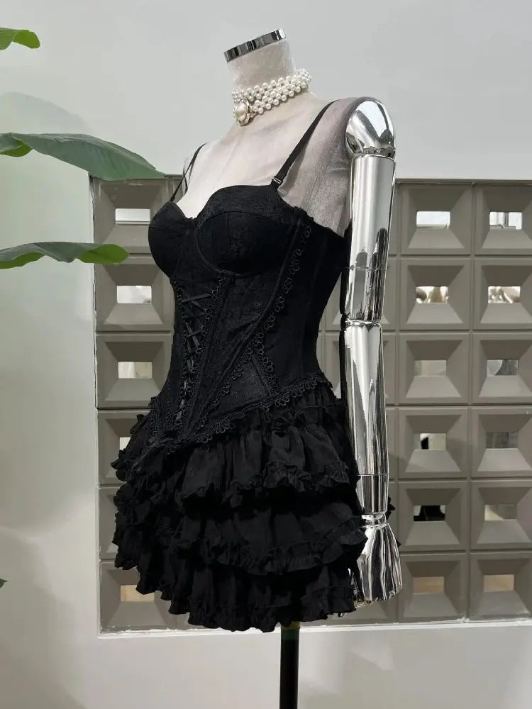 2025 New Summer Fashion Sexy Top Cake Skirt Women's Outfit Lace Bottom Birthday Party Club Dress Y2k Two Pieces Sets Black