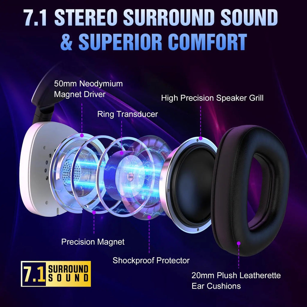 Wireless Gaming Headset for PS5 PS4 PC Switch Mac - RGB Over-Ear with Noise Cancelling Mic, 60H Playtime, 7.1 Surround Sound