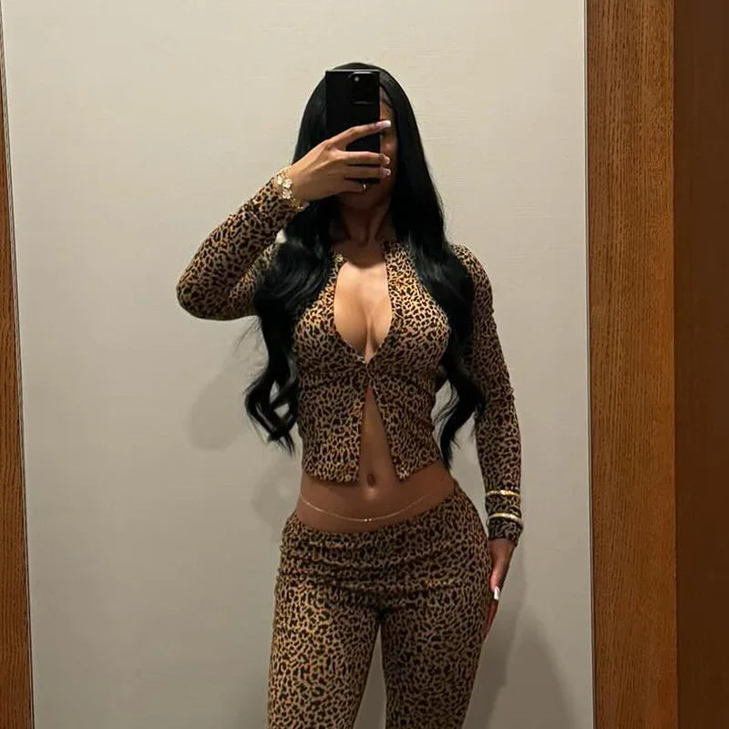Crop Leopard Tops 2 Piece Pant Set Sexy Outfits Joggers Women Tracksuits Bodycon Elegant Sexy Club Wear Two Piece Pant Sets