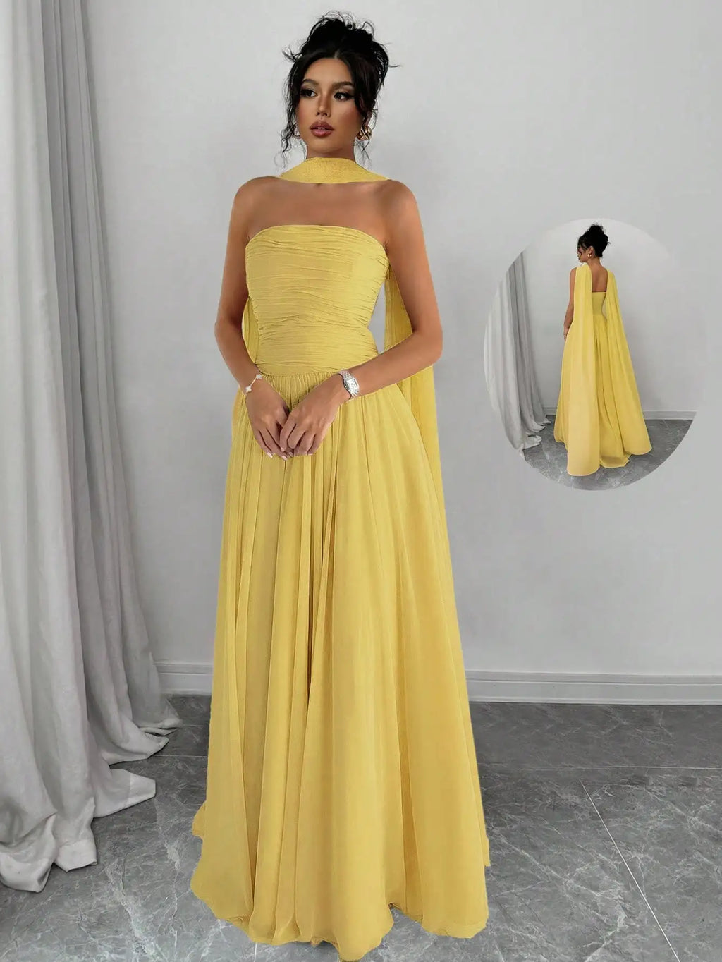 Elegant Solid Pink Sleeveless Maxi Dress With Backless Design And Draped Cape Overlay