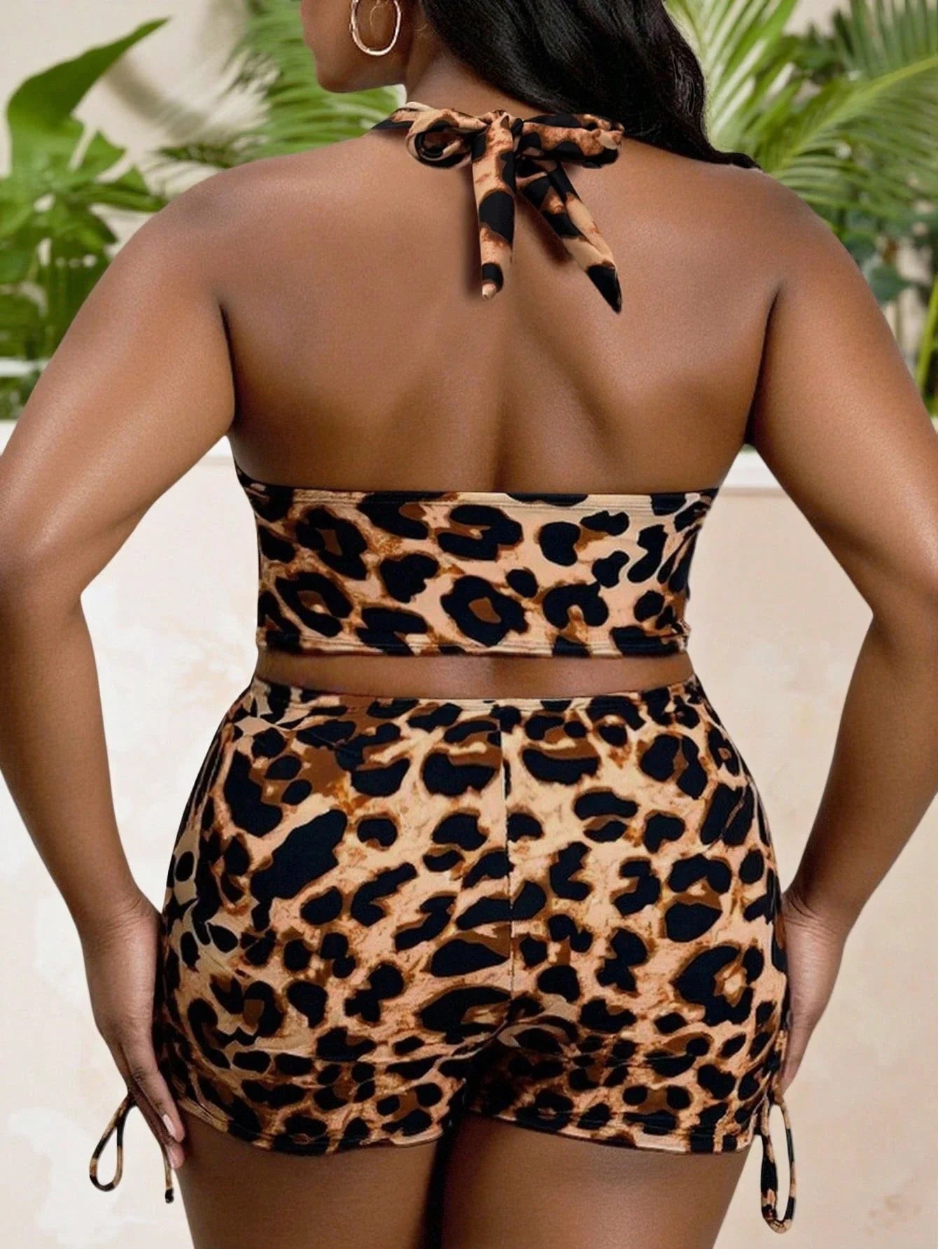 Plus Size Leopard Print Two Piece Swim Set With Deep V Halter Top, Ruched Drawstring Waist And High Waisted Shorts