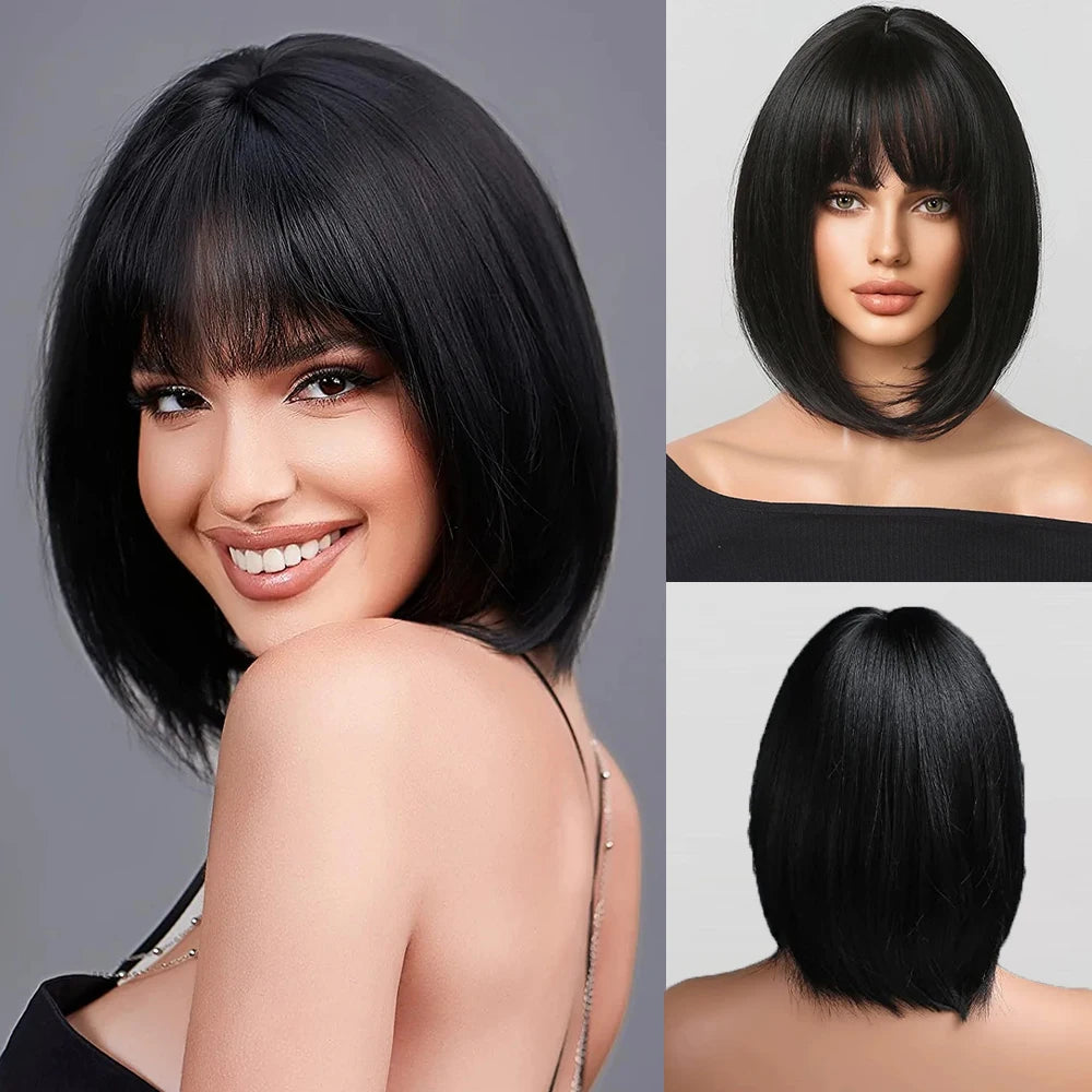 Ombre Blonde Pink Bob Wig with Fluffy Bangs Synthetic Short Straight Wigs for Black Women Heat Resistant Cosplay Daily Hair