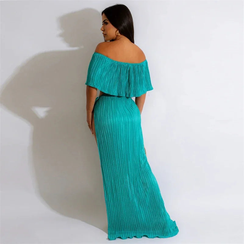 Vacation Two Piece Set for Women Maxi Dress Sets Clubwear Slash Neck Ruffles Crop Top and Long Skirts Sexy Night Club Outfits