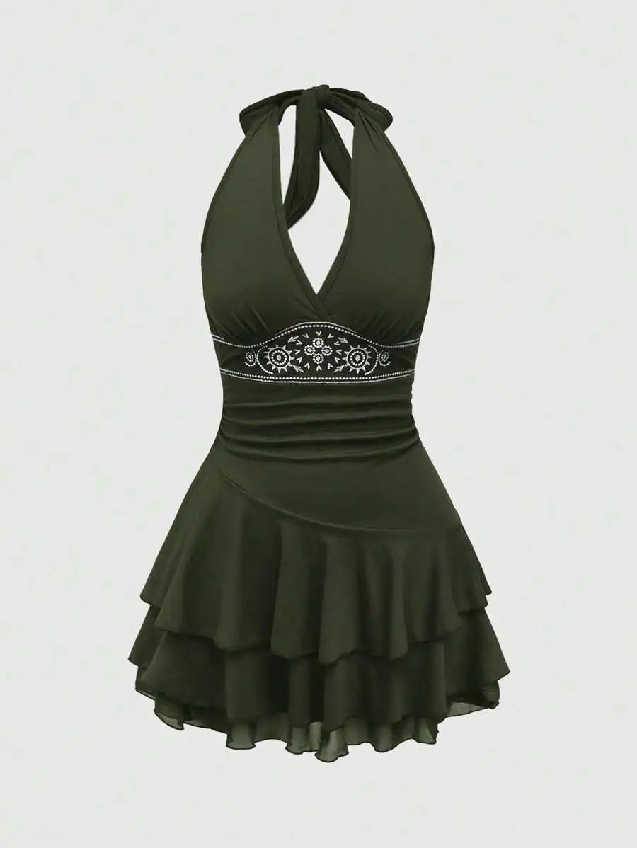 Brown Halter Neck Embroidered Tiered Hem Mini Dress with Floral Motif