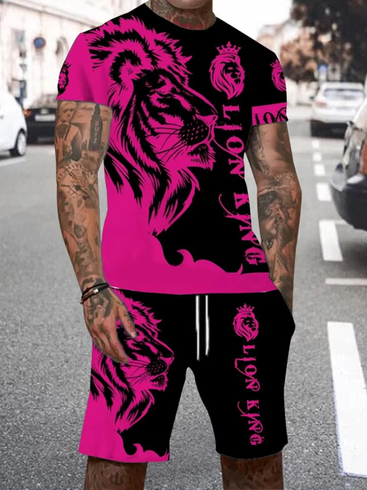 Summer Men Sets Shorts Outfits Male Tees Street T Shirt Two Piece 3D Lion Print Casual O-Neck Tracksuit Oversized Beach T Shirt