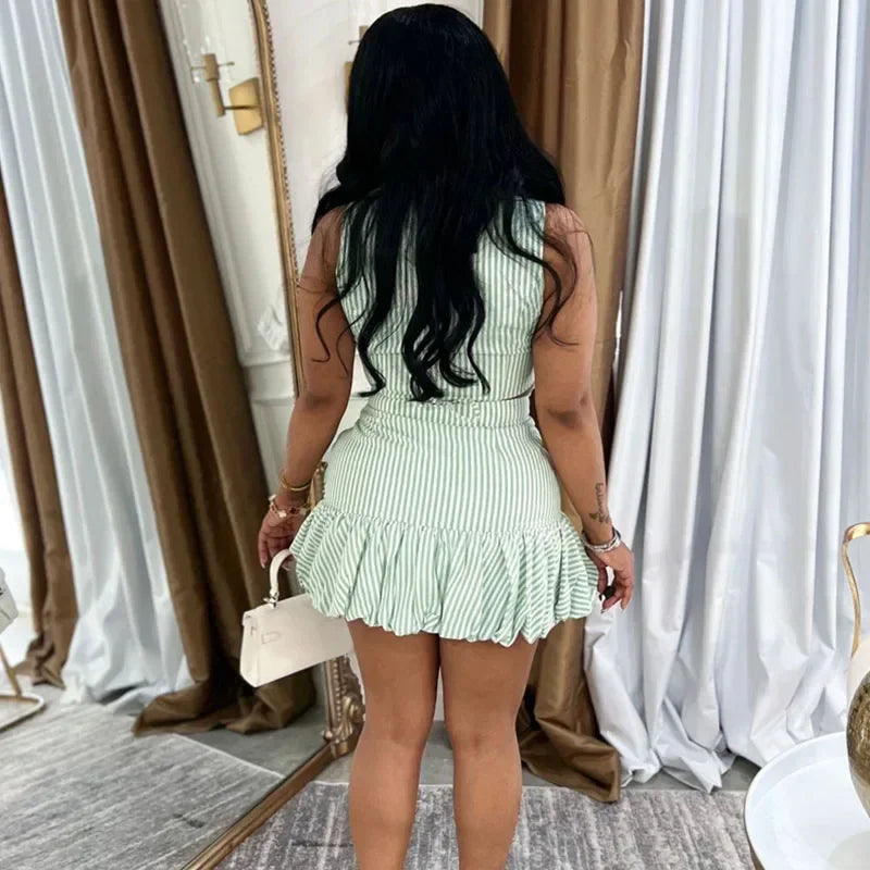 Doyerl Striped Print Two Piece Outfits Woman Summer Clothes Sleeveless Single-breasted Notched Vest Top and Puff Mini Skirt Sets