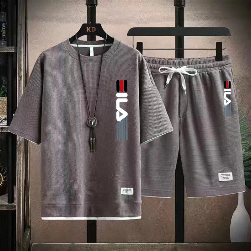 2026 Summer Men's Casual Short-Sleeved T-Shirt Set, fashionable outdoor outfit, two-piece set.