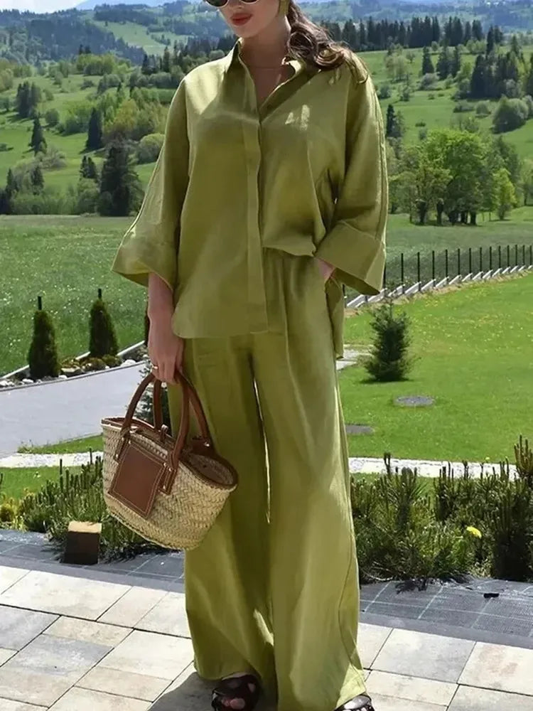 MUJER 2025 Women Pants Sets Oversize Casual Shirt Fashion Linen Set Woman Two Pieces Wide Leg Baggy Pants Suit Summer Outfit