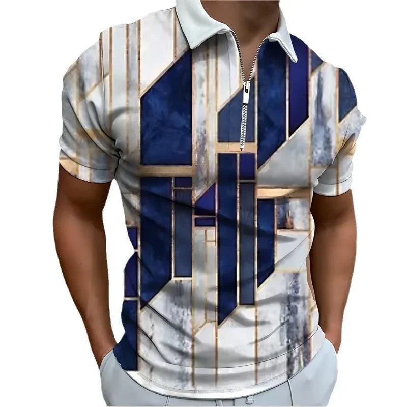 Shirts Men Tops Polo Shirt Short Sleeve Turn Down Collar Zipper Casual Simple Regular Top Splice Print Slim Fit Autumn 2024