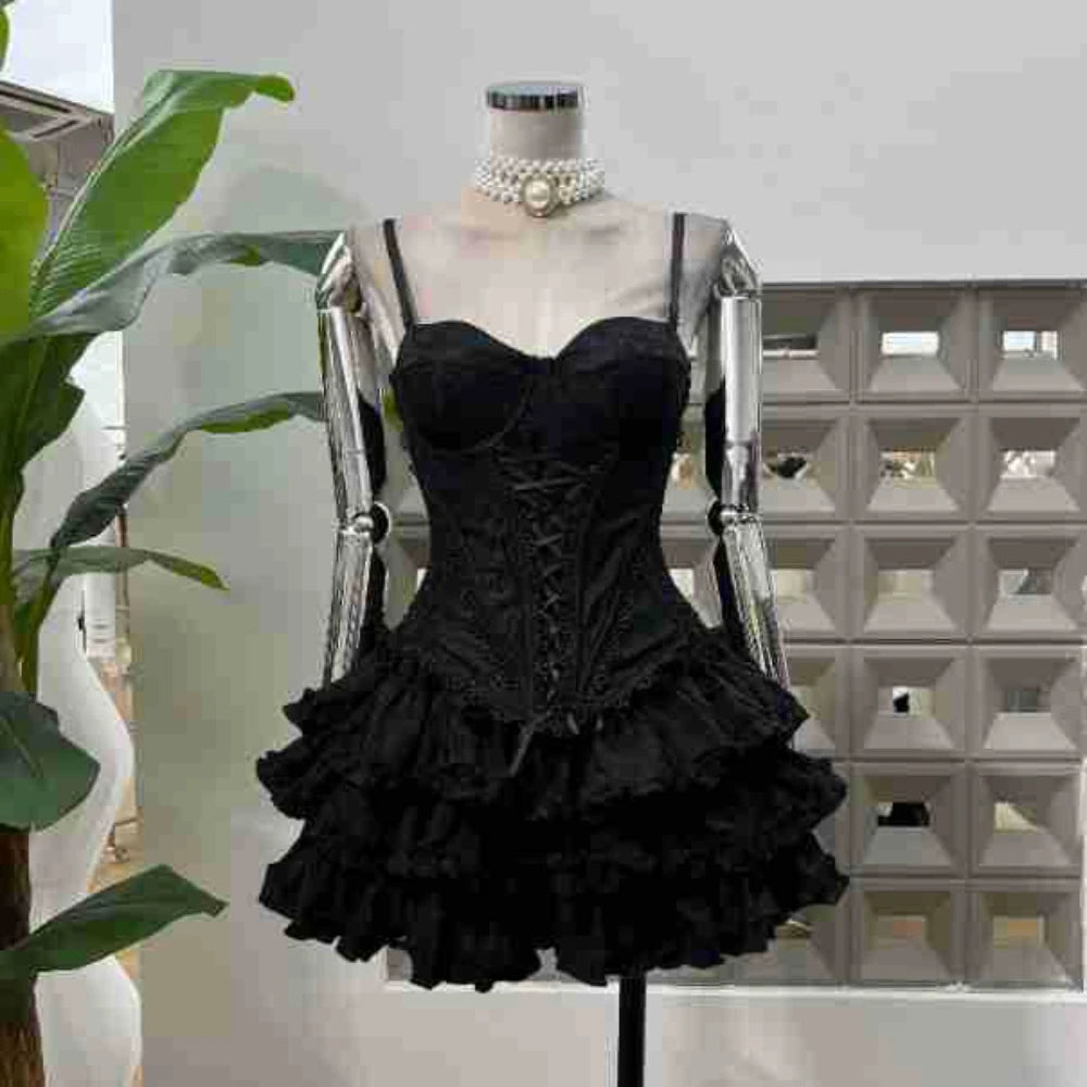 2025 New Summer Fashion Sexy Top Cake Skirt Women's Outfit Lace Bottom Birthday Party Club Dress Y2k Two Pieces Sets Black