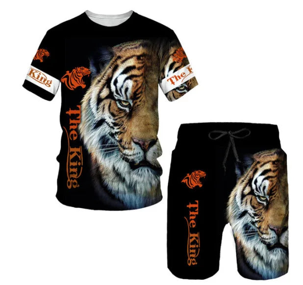 New Summer Men's Sets Shorts Outfits 3D Tiger Printed Short Sleeve T-shirt Two Pieces Casual Tracksuit Oversized Beach Sportwear