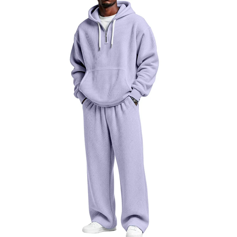 Autumn Winter Mens Casual Tracksuits Long Sleeve Waffle Plaid Hoodies And Pants Two Piece Sets Men Stylish Solid Color Outfits