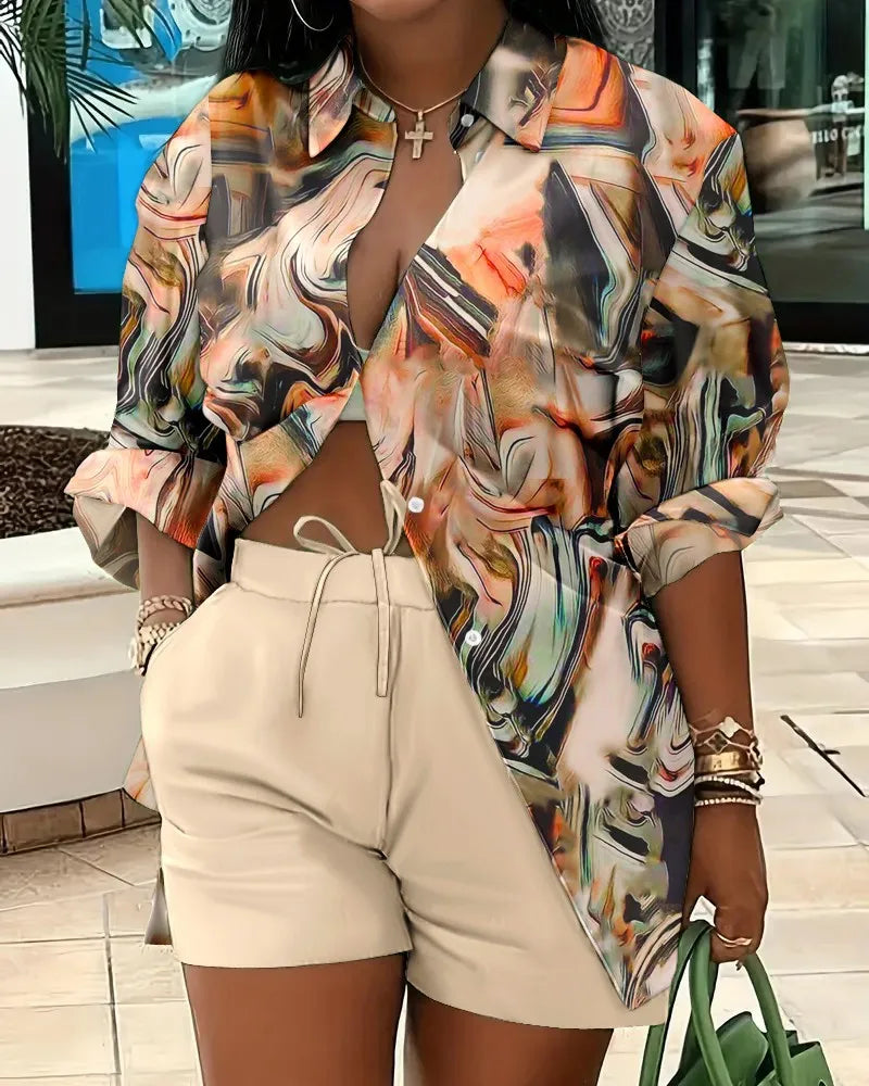 2025 Spring Autumn Casual Woman Sets Fashion Shirt Printed Button Shirt&Shorts Streetwear Shorts Pant Outfit Suit Two Piece Set