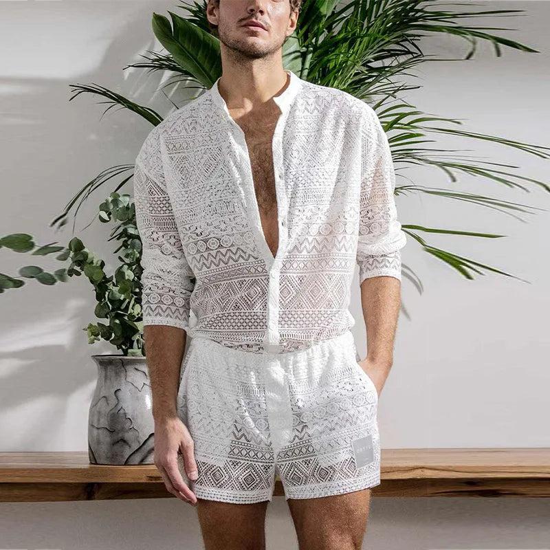 Nightwear Mens Sexy Pajamas Sets 2025 Summer Leisure Hollow Out Embroidery Mesh Two Piece Suits Fashion Tops And Shorts Outfits