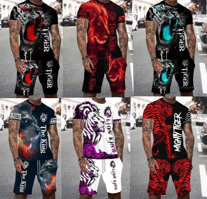 Summer Men Sets Shorts Outfits Male Tees Street T Shirt Two Piece 3D Lion Print Casual O-Neck Tracksuit Oversized Beach T Shirt