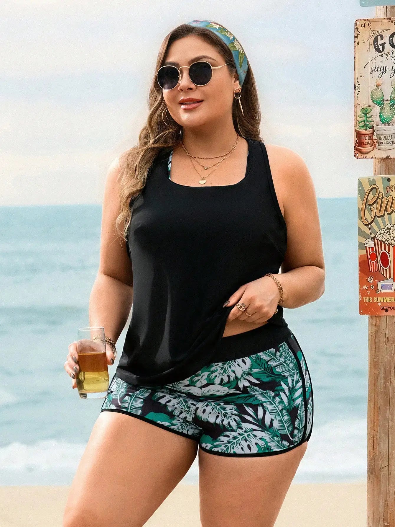 Floral Print Plus Size 3-Piece Swim Set: Racerback Bra Top, High-Waisted Shorts, Sleeveless Cover-Up For Beach And Pool