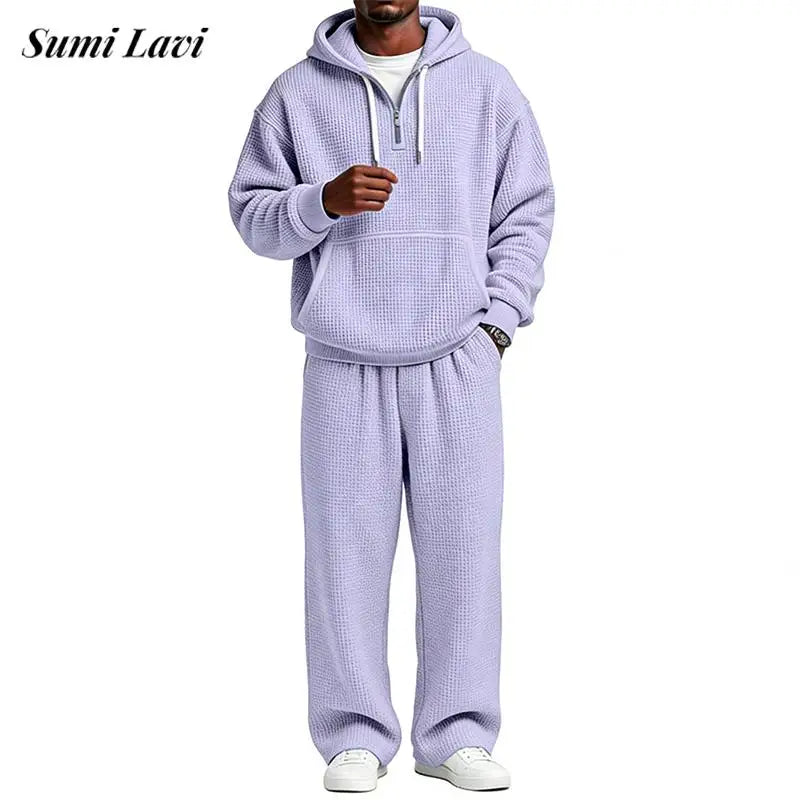 Autumn Winter Mens Casual Tracksuits Long Sleeve Waffle Plaid Hoodies And Pants Two Piece Sets Men Stylish Solid Color Outfits