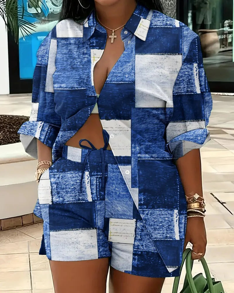 2025 Spring Autumn Casual Woman Sets Fashion Shirt Printed Button Shirt&Shorts Streetwear Shorts Pant Outfit Suit Two Piece Set