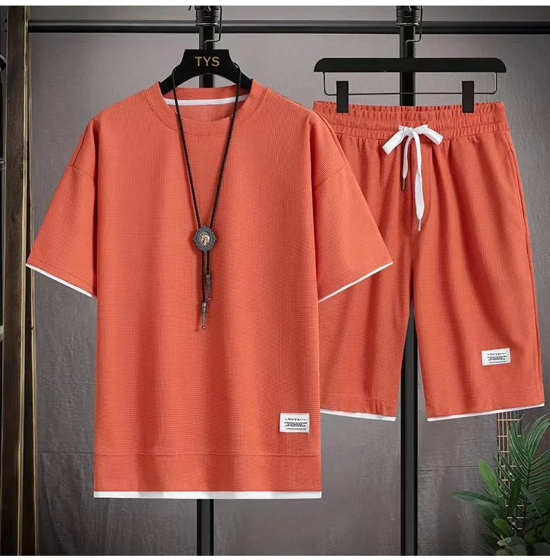 Korean Men's Waffle Tracksuit Short Sleeve T-shirts And Sports Shorts Summer Casual Outfits Joggers Sets Men's Two Piece Suit