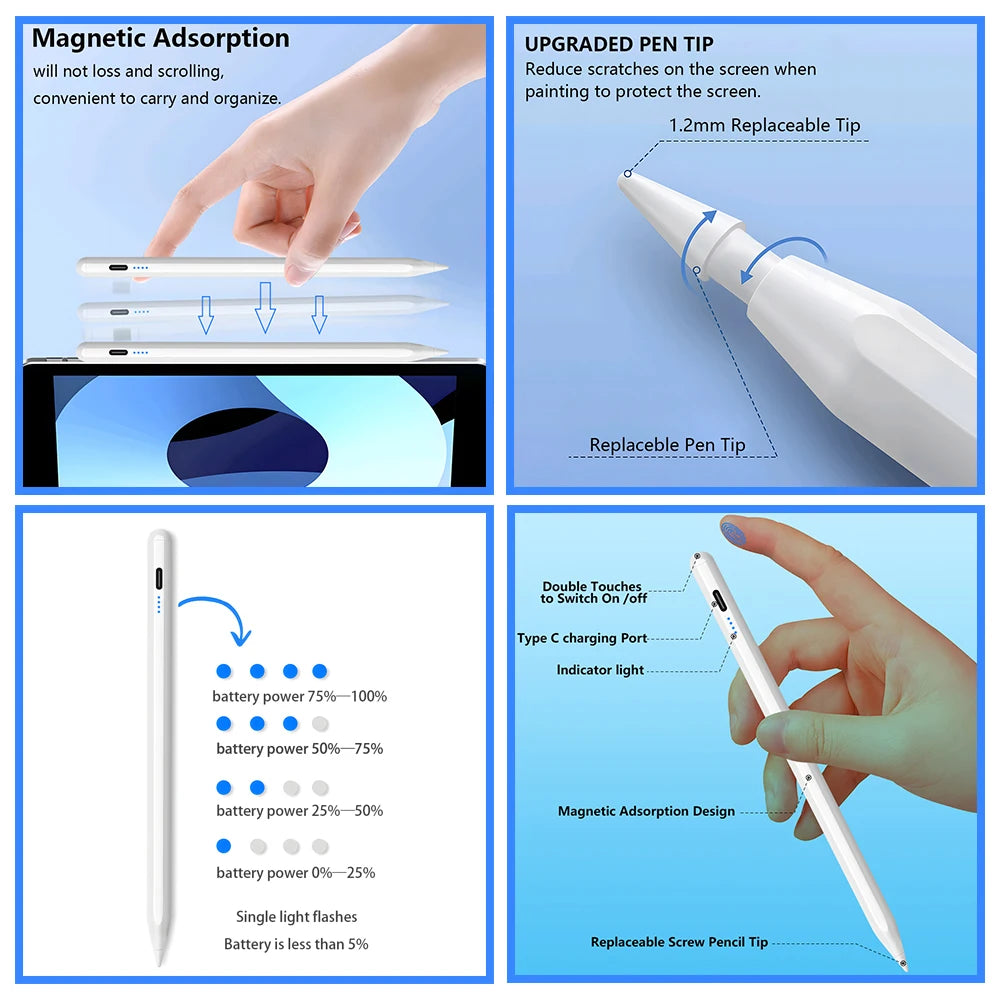 Stylus Pen For Apple Pencil with LED Power Indicators Palm Rejection Touch Pencil for 2025 2022 2021 2020 2019 2018 iPad pencil