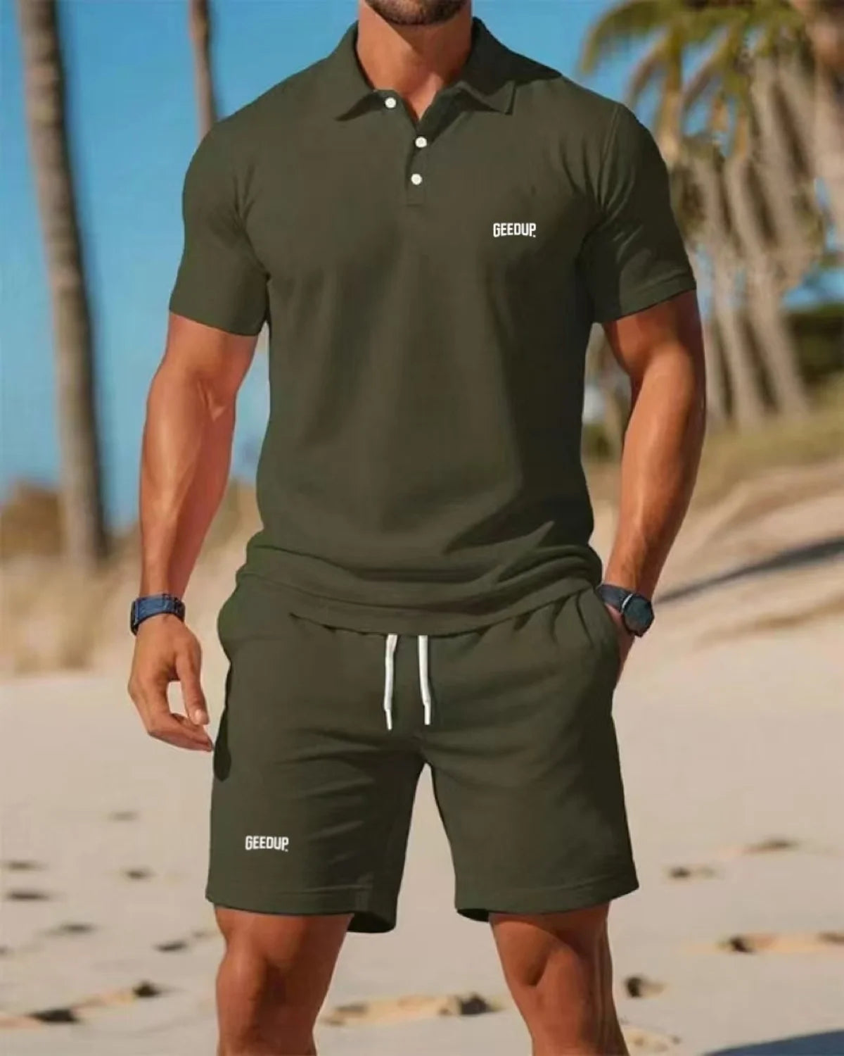 The 2025 summer men's Polo shirt, T-shirt and shorts casual set is suitable for daily wear and a beach sports two-piece outfit.