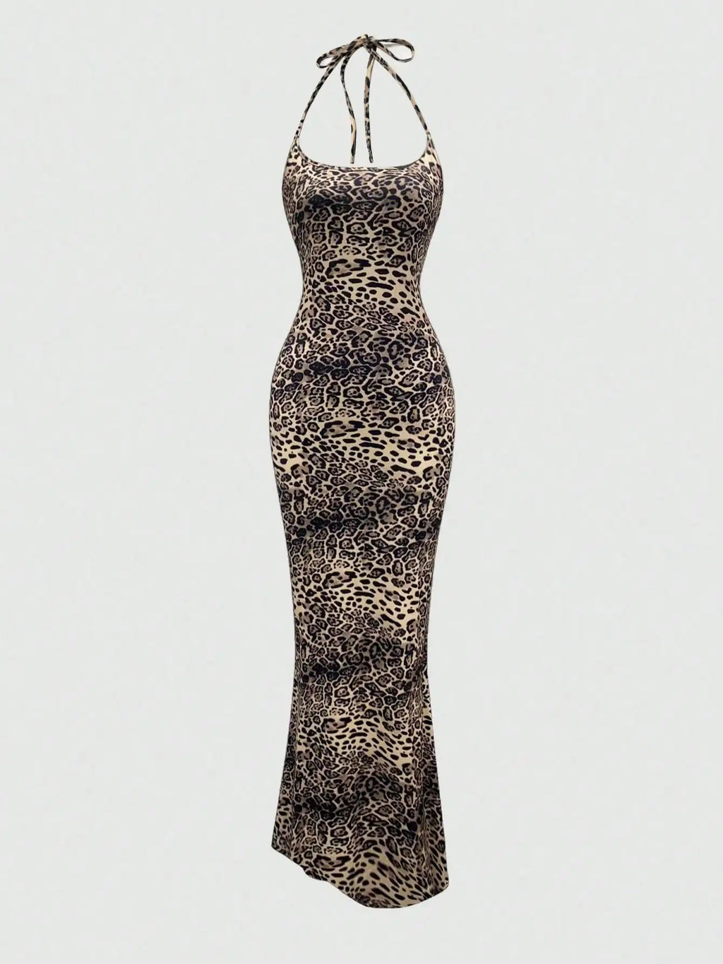Sweetra Women's Leopard Print Mermaid Hem Fitted Elegant Halter Neck Dress Maxi Women Outfit
