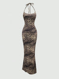 Sweetra Women's Leopard Print Mermaid Hem Fitted Elegant Halter Neck Dress Maxi Women Outfit