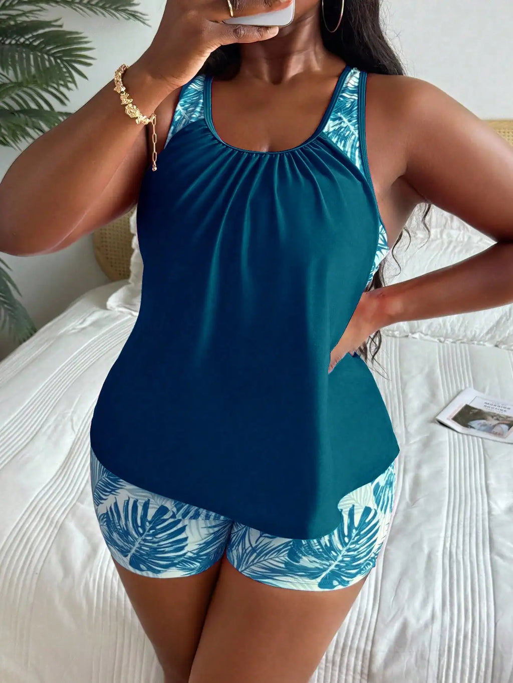 Vibrant Pink Plus Size Tankini Set With Tropical Leaf Print For Summer Beach Wear