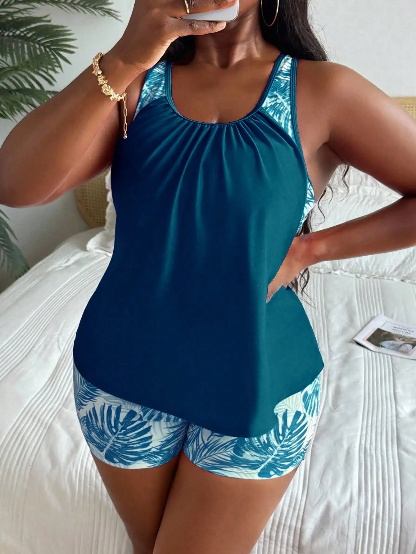 Vibrant Pink Plus Size Tankini Set With Tropical Leaf Print For Summer Beach Wear