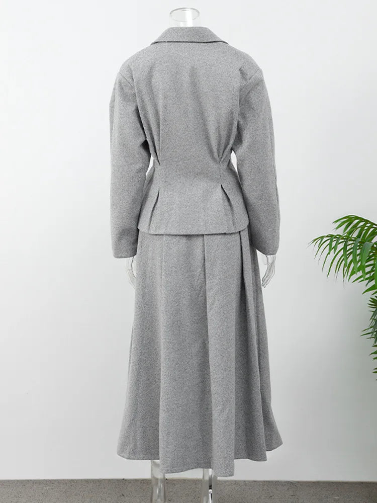 Autumn Winter Lady Office Two-piece Set Woolen Coat Skirt Set Women Lapel Hidden Buckle Blazers+High Waist Pleated Skirt Outfits
