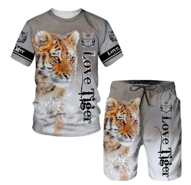 New Summer Men's Sets Shorts Outfits 3D Tiger Printed Short Sleeve T-shirt Two Pieces Casual Tracksuit Oversized Beach Sportwear